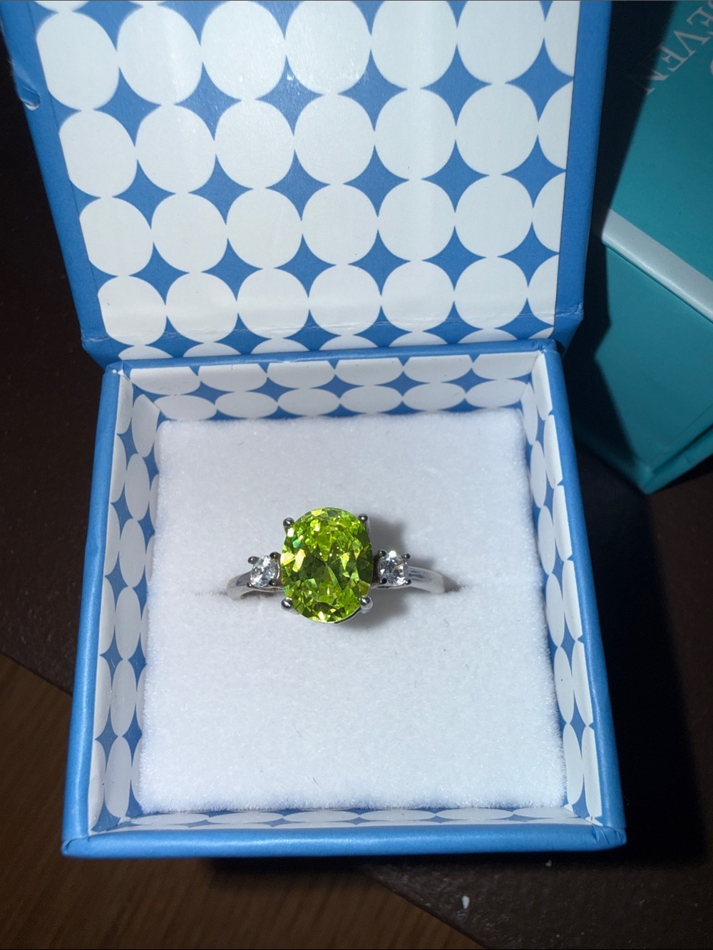 Silver Ring with Lime Green Oval Gemstone and Side Stones